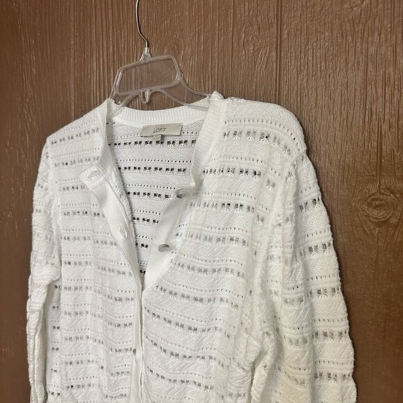 Loft‎ Open Knit Textured Button Up Cardigan Sweater Size Large White Ribbed Trim - Picture 2 of 6